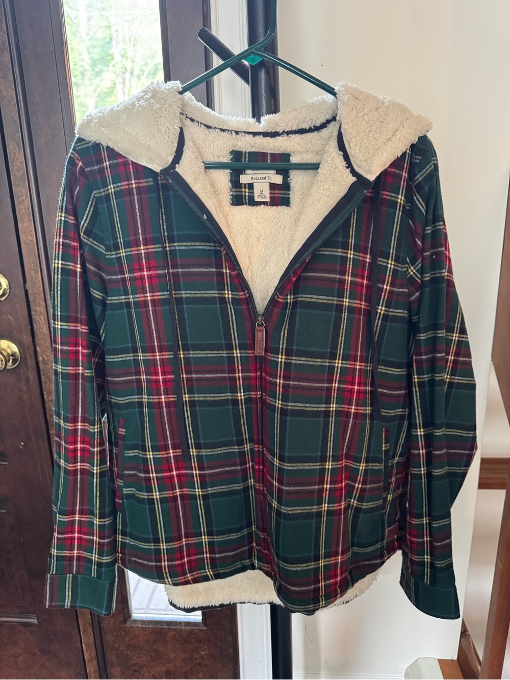 L.L.Bean Plaid Sherpa-Lined Hoodie in Green & Red